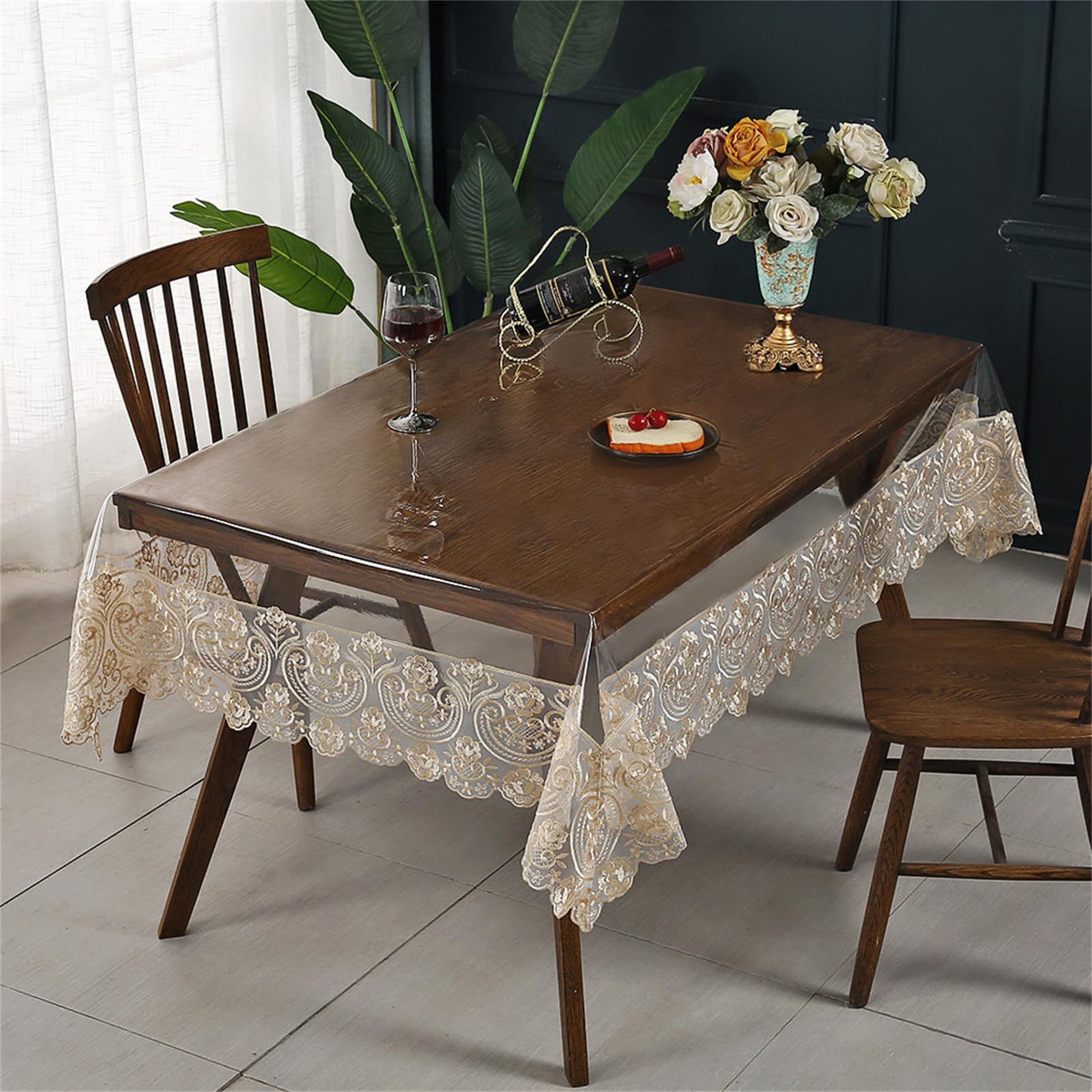 Rakila Clear Plastic Rectangle Tablecloth Vinyl Waterproof Table Cloth Embroidered Lace Edge Transparent Table Cover for Dining Kitchen Outdoor(60 x 118 inch, Coffee Style 1)