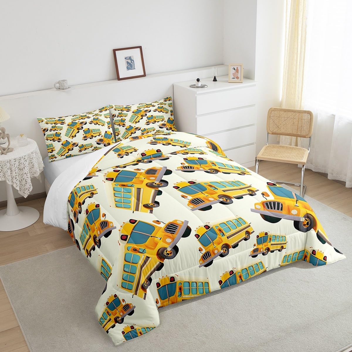 Cartoon Police Car Bedding Set Red Fire Truck Comforter Set for Kids Boys Fire Extinguisher Duvet Set Airplane Comforter 1 Comforter Set with 2 Pillowcases Full Size Boys