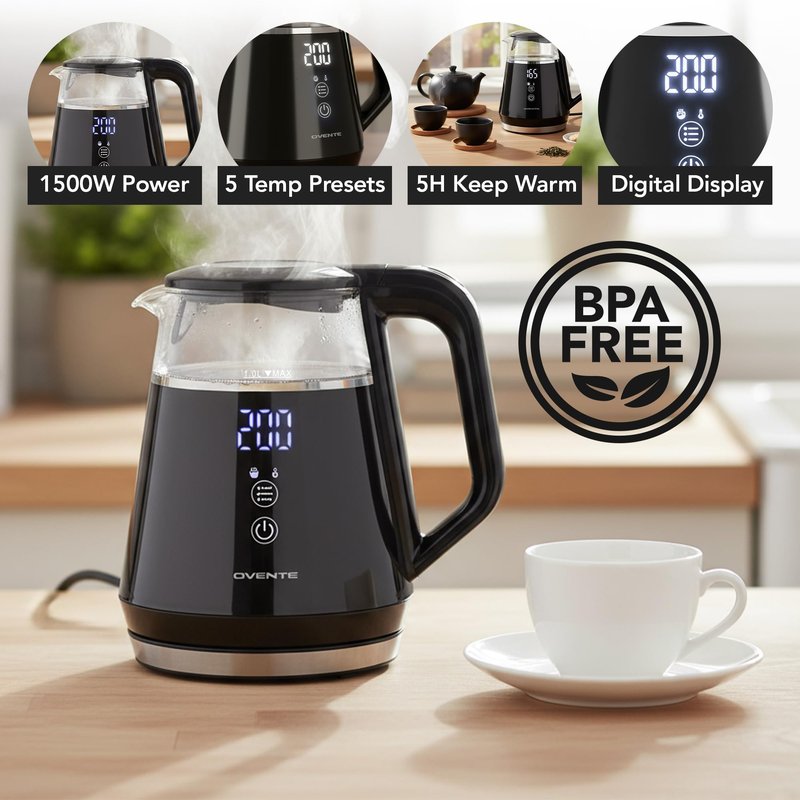OVENTE 1L Small Electric Kettle with 5 Temperature Preset, Digital Display, 5Hr Keep Warm, Auto Shut-Off, Double-Wall Cool Touch Exterior, Borosilicate Glass,1500W BPA Free Water Boiler, Black KD95B