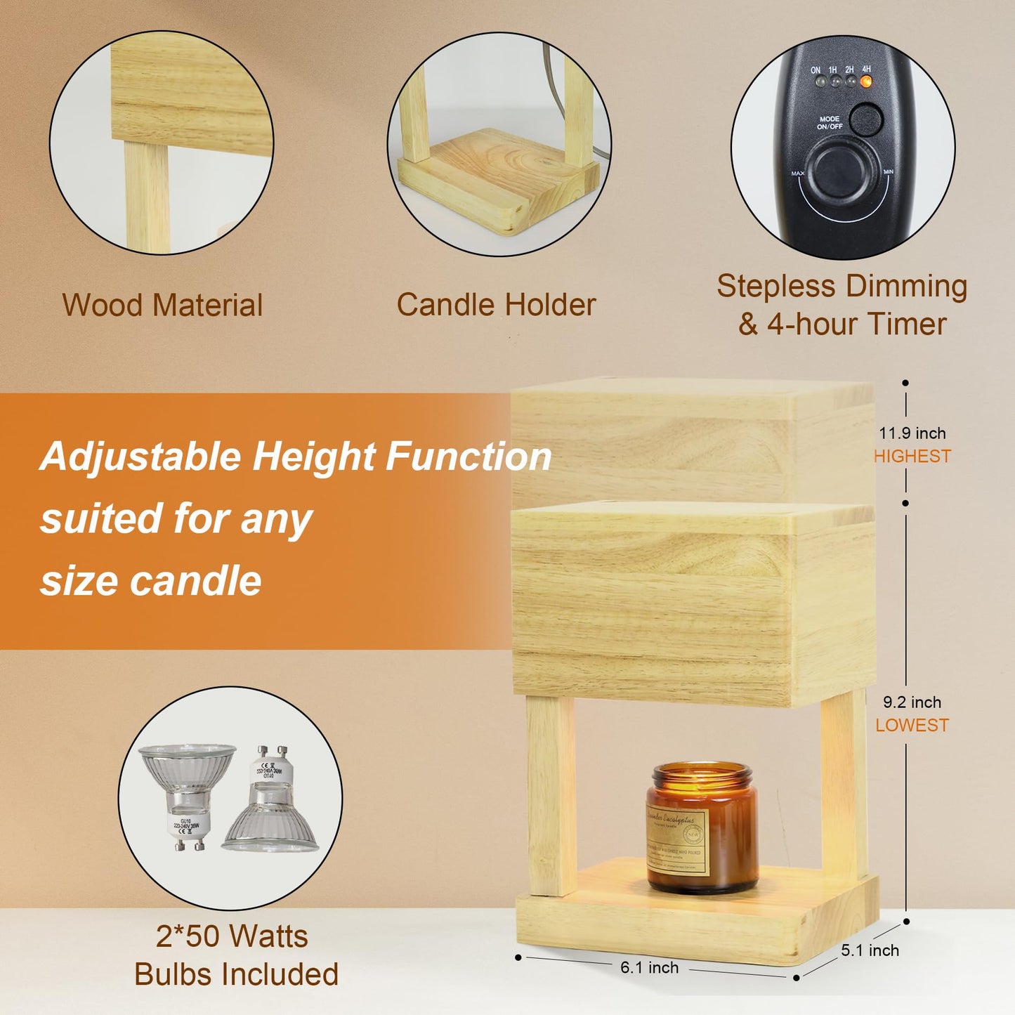 LALISU Candle Warmer Lamp Lantern for Top-Down Candle Melting, Candle Lamp with Timer & Dimmer for Wax Melting, Electric Candle Melter for Home Decor, with 2 Bulbs, Jar Candles (Wood)