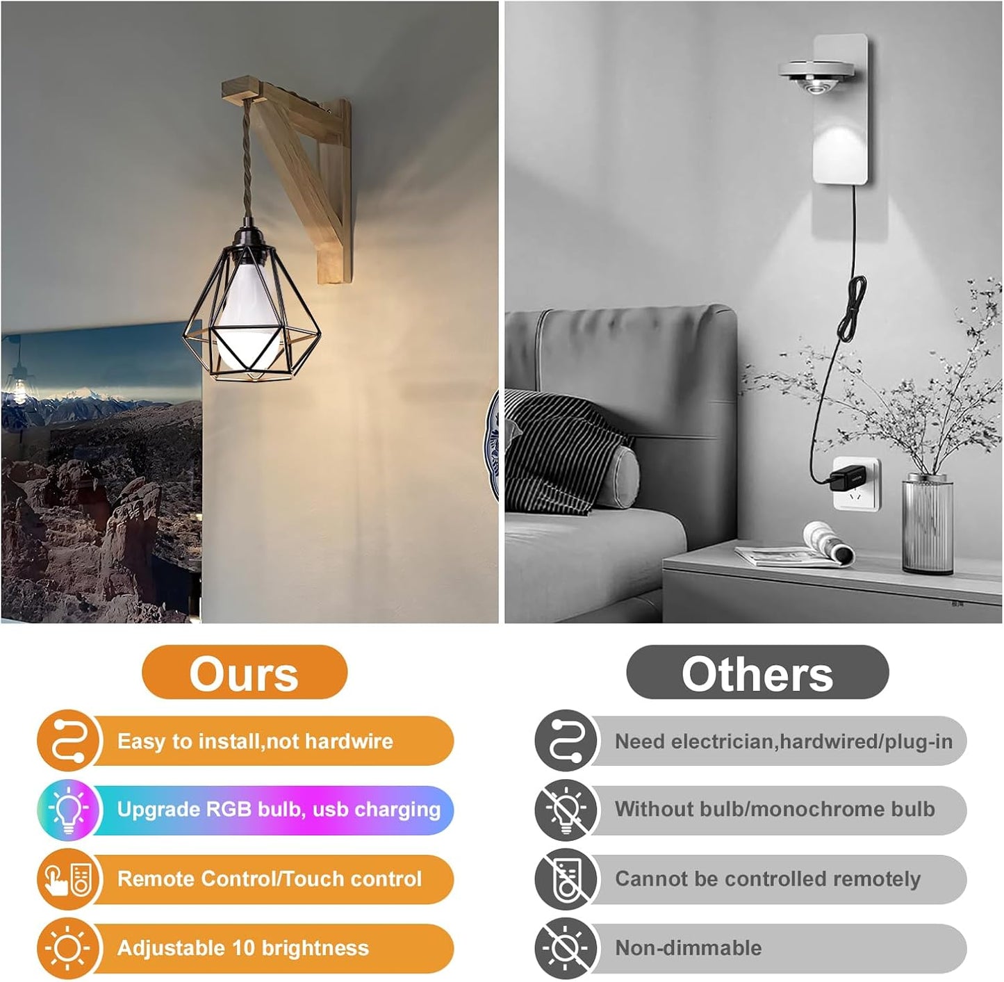 Frideko Wood Wall Sconces Set of Two Plug in, Rustic Wall Lamp with Plug in Cord, Farmhouse Wall Light Fixtures with 8.21FT On/Off Switch Cord, Indoor Sconces Wall Lighting for Bedroom Living Room