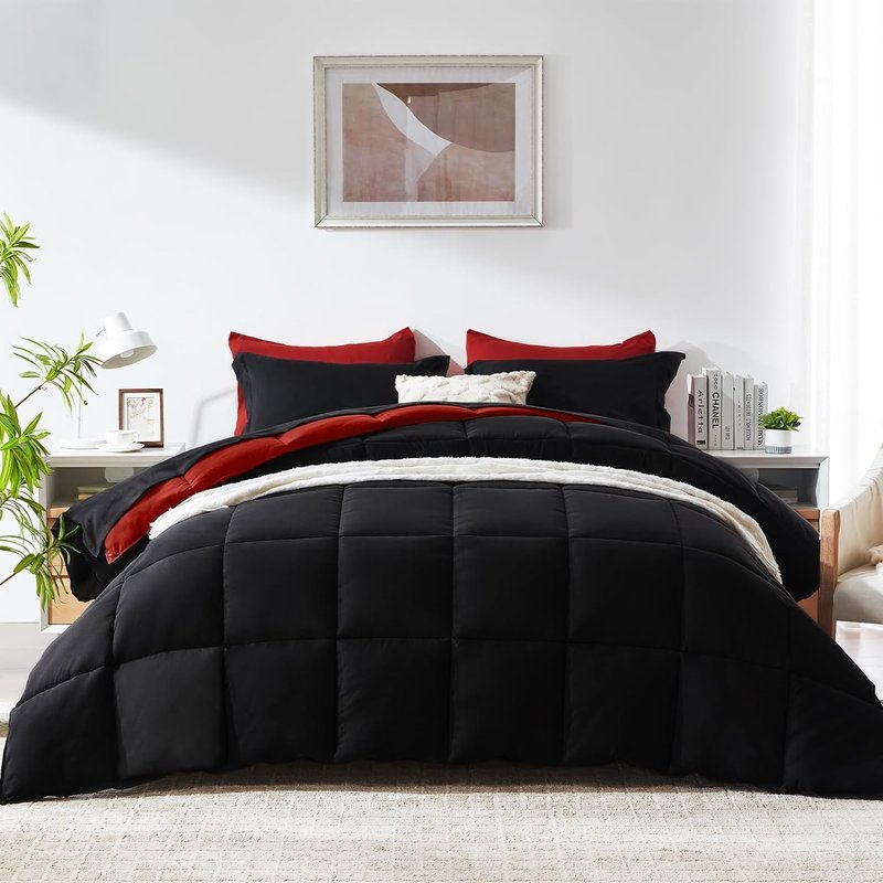 COZYART King Comforter Set 7 Pcs, Red Bed in a Bag, All Season Lightweight Soft Reversible Bedding Sets, 1 Comforter, 1 Flat Sheet, 1 Fitted Sheet, 2 Pillow Shams, 2 Pillowcases
