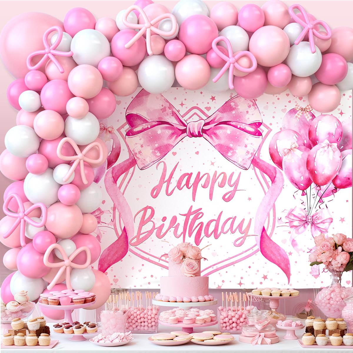 Jumpama 146Pcs Pink Bow Birthday Decorations Coquette Birthday Party Decorations Pink Bow Backdrop Coquette Banner and Balloons for Girls Women Baby Shower Bachelorette Party Supplies