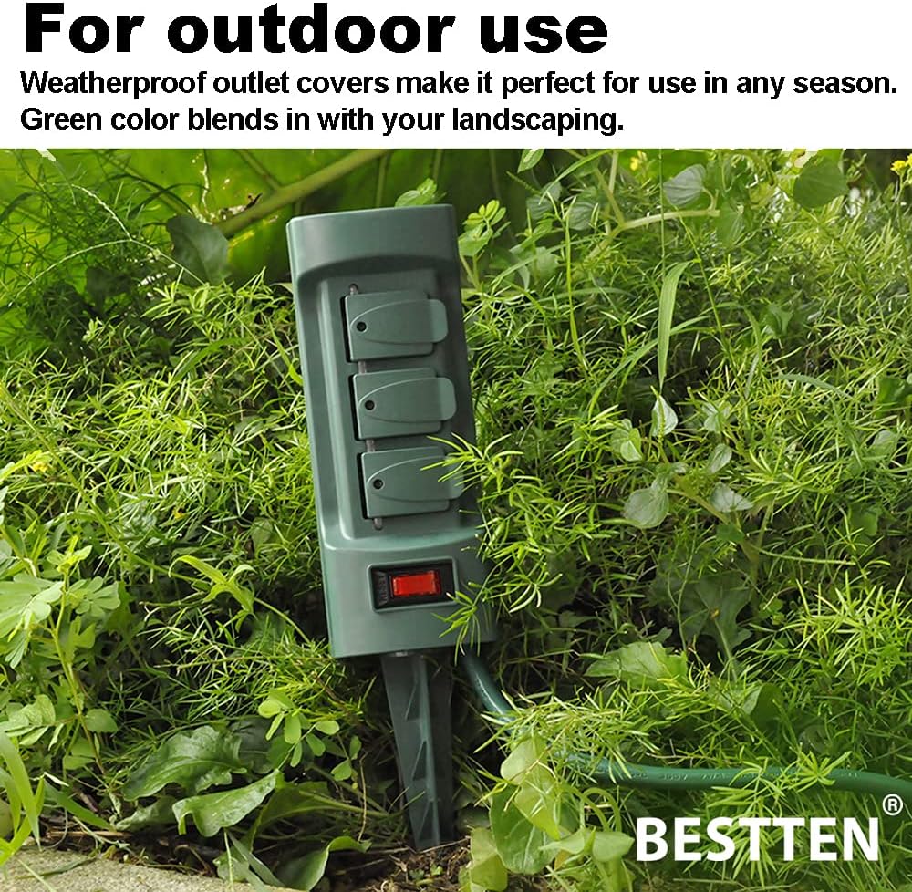 Outdoor Power Strip with Covers - 6-Outlet Yard Stake, 9ft Cord & Overload Protection