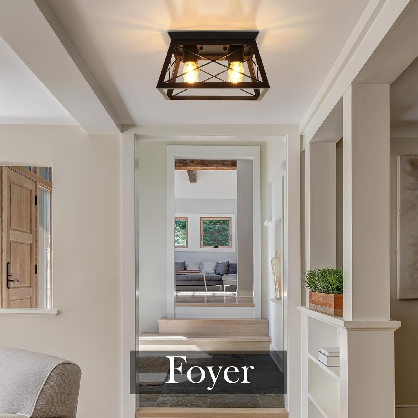 Farmhouse Flush Mount Ceiling Light Oak White Ceiling Light Fixtures 2-Light Industrial Vintage Metal-Framed Ceiling Lighting for Hallway Foyer Kitchen Dining Room Bedroom Living Room Laundry