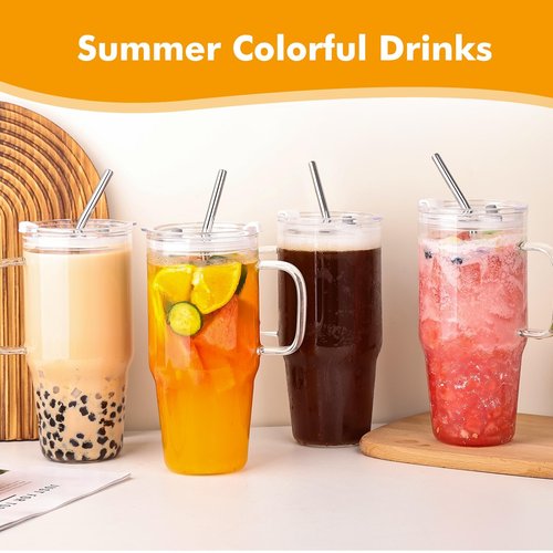 33oz Glass Tumbler with Lid and Straw, 4 Pack Glass Cup with Handle, Iced Coffee Cups, Thick Drinking Glasses Set, Clear Travel Mug for Hot and Cold Beverage, Drinks, Tea, Smoothie