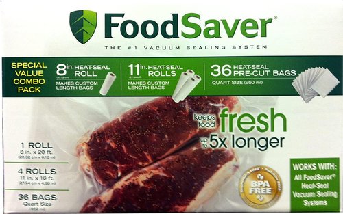 FoodSaver Vacuum Seal Combo Pack - 1-8" Roll, 4-11" Rolls & 36 Pre-Cut Bags for Freshness