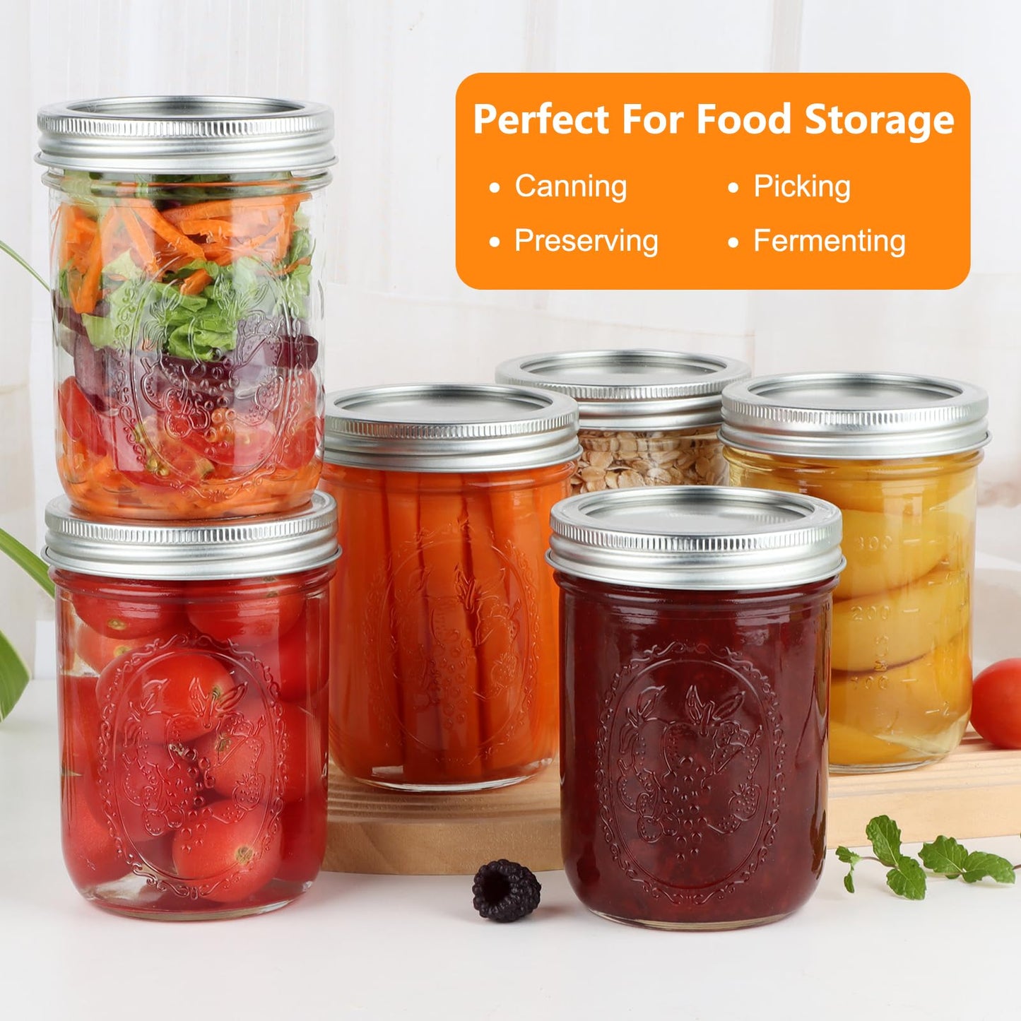 PINIWON Wide Mouth Mason Jars 16 oz with Airtight Lids and Bands, 6 Pack Canning Jars, Clear Glass Pint Jars for Canning, Fermenting, Pickling, Meal Prep, Overnight Oats