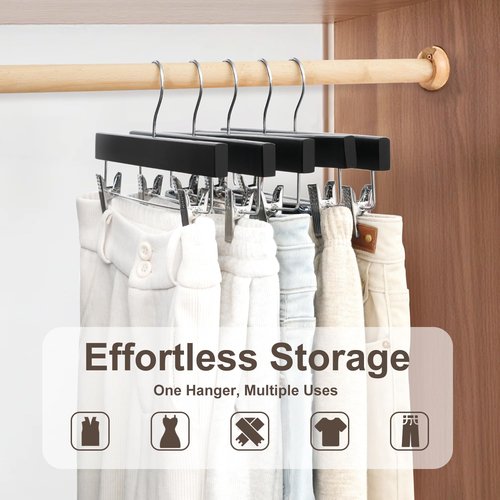 BAGAIL 20 Pack Wooden Pants Hangers with Adjustable Clips, 360°Swivel Hook Space Saving Skirt Holders with Anti-Rust Clips for Trousers, Jeans, Shorts (Black)