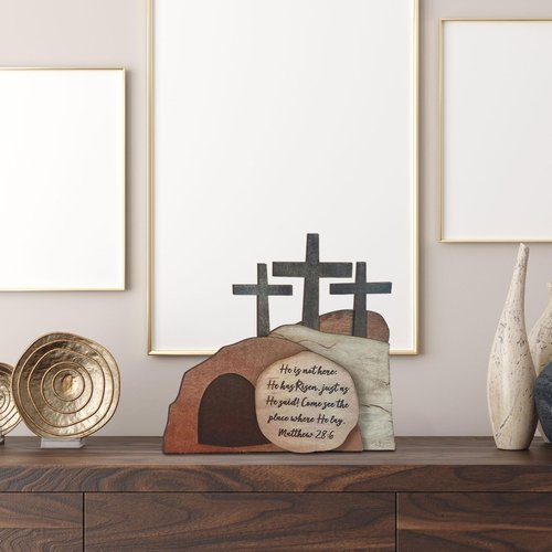 Christian Home Decor The Empty Tomb Easter Scene and Cross Decoration, Easter Resurrection Scene Set Wooden Jesus Sign for The Home, Tabletop, Office (B)
