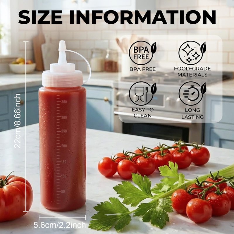 OAMCEG 12OZ Squeeze Bottles - 4 Pack Durable Plastic Condiment Bottles, Squirt Bottle with Discrete Measurements, for Ketchup, BBQ, Sauces, Syrup, Condiments, Dressings, Arts and Crafts