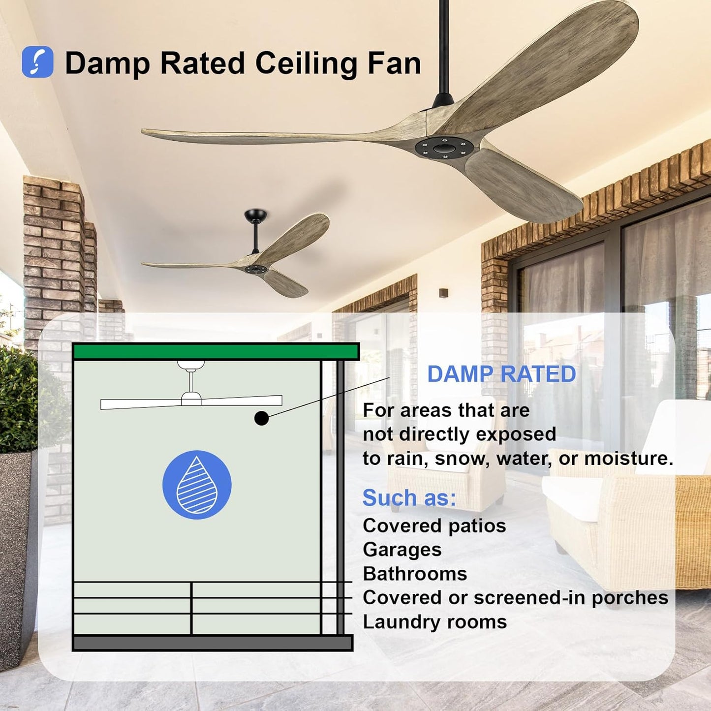 60 inch Ceiling Fans Without Lights, Wet Rated Outdoor Ceiling Fans with 3 Wood Blades, for Patios Outside Porch, Noiseless Reversible DC Motor and Remote, for Outdoor Indoor,Black