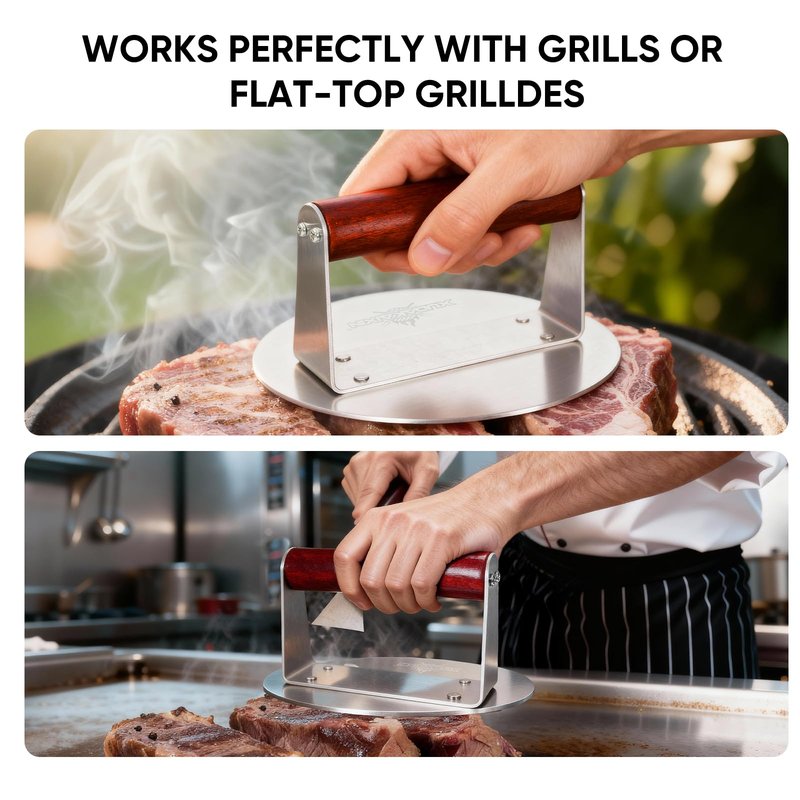 XUDAKAIXIN Stainless Steel Smash Burger Press 6.3",Hamburger Smasher Tool,BBQ Griddle Accessories for Hamburger, Steak, Meat,Perfect for Blackstone, Camp Chef, & Indoor Griddles (Round)