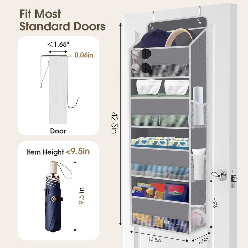 SpaceHacks 1 Pack Over The Door Organizer, Hanging Storage Organizer with Clear Window, 40lb Ultra Sturdy Large Capacity Room Organizer for Pantry Laundry Bathroom Nursery Closet Baby Essential (Grey)