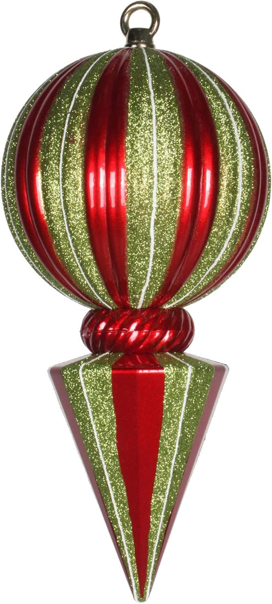 Shatterproof Red & Lime Striped Christmas Ornament - 12" Glitter Ball Finial for Holiday Trees