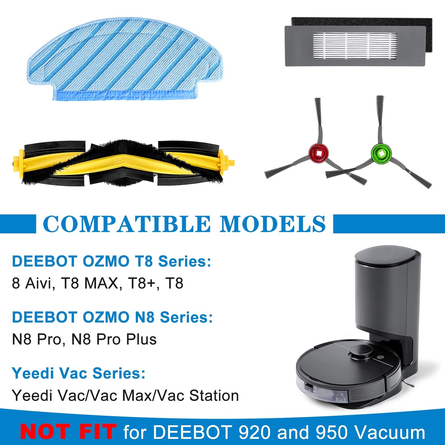 T8 Series N8 Pro Accessories, Replacement Parts for Ecovacs DEEBOT OZMO T8 AIVI/T8 Max/T8 Series/N8 Pro/N8 Pro Plus Robot Vacuum, Fit for Yeedi Vac Series