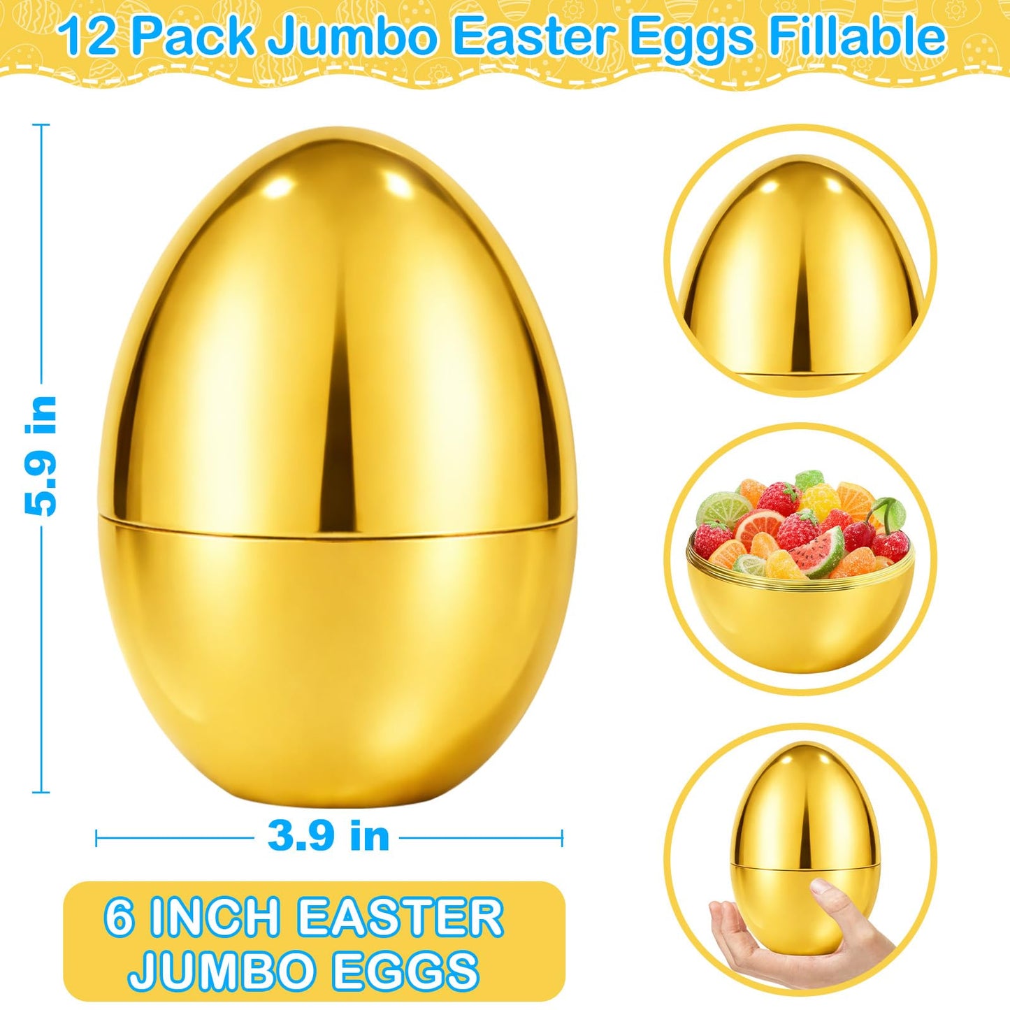 PIONJOY 12 PCS 6" Jumbo Golden Plastic Easter Eggs Fillable , Giant Empty Easter Eggs Fillable Bright Gold Metallic Egg for Kids Boys Girls Classroom Prizes Easter Basket Stuffers Party Favors