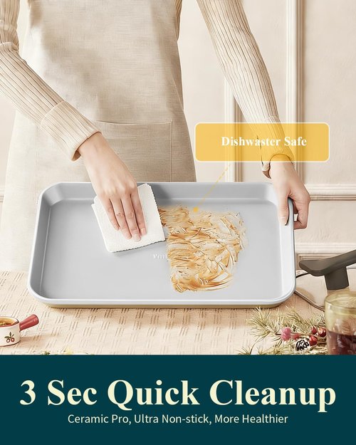 7PCS Ceramic-Coated Baking Sheet Set - Non-Stick Jelly Roll Pan with Rack, Spatula & Cutters | PFAS Free, Oven Safe (550°F), Sunshine Cream