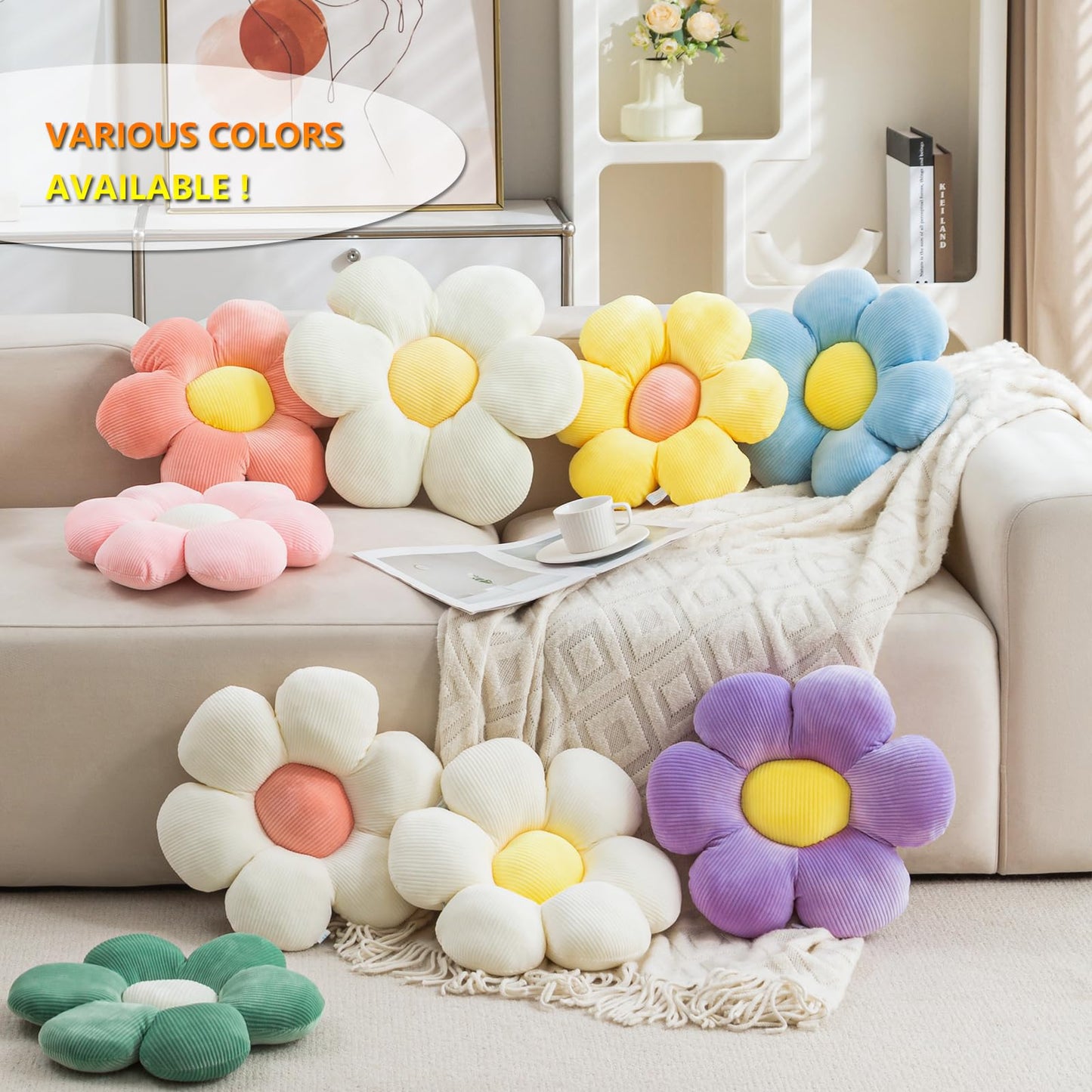 CANGHI Flower Pillow Set 3 Pcs Flower Shaped Throw Pillow 15.7'' Cute Daisy Flower Pillow Flower Seating Cushions for Adults Kids Home Bedroom Sofa Chair Couch Decor (White/Pink/Blue, 15.74 in)