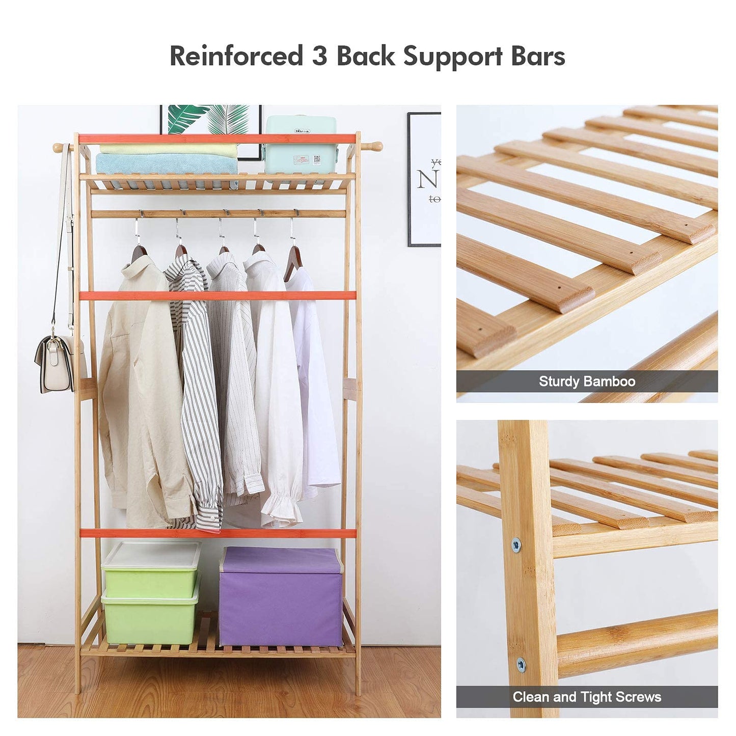 Ufine Bamboo Clothes Hanging Rack with 2 Tier Storage Shelves and 2 Coat Hooks Portable Laundry Rack Cloest Organizer Garment Rack for Bedroom Guest Room