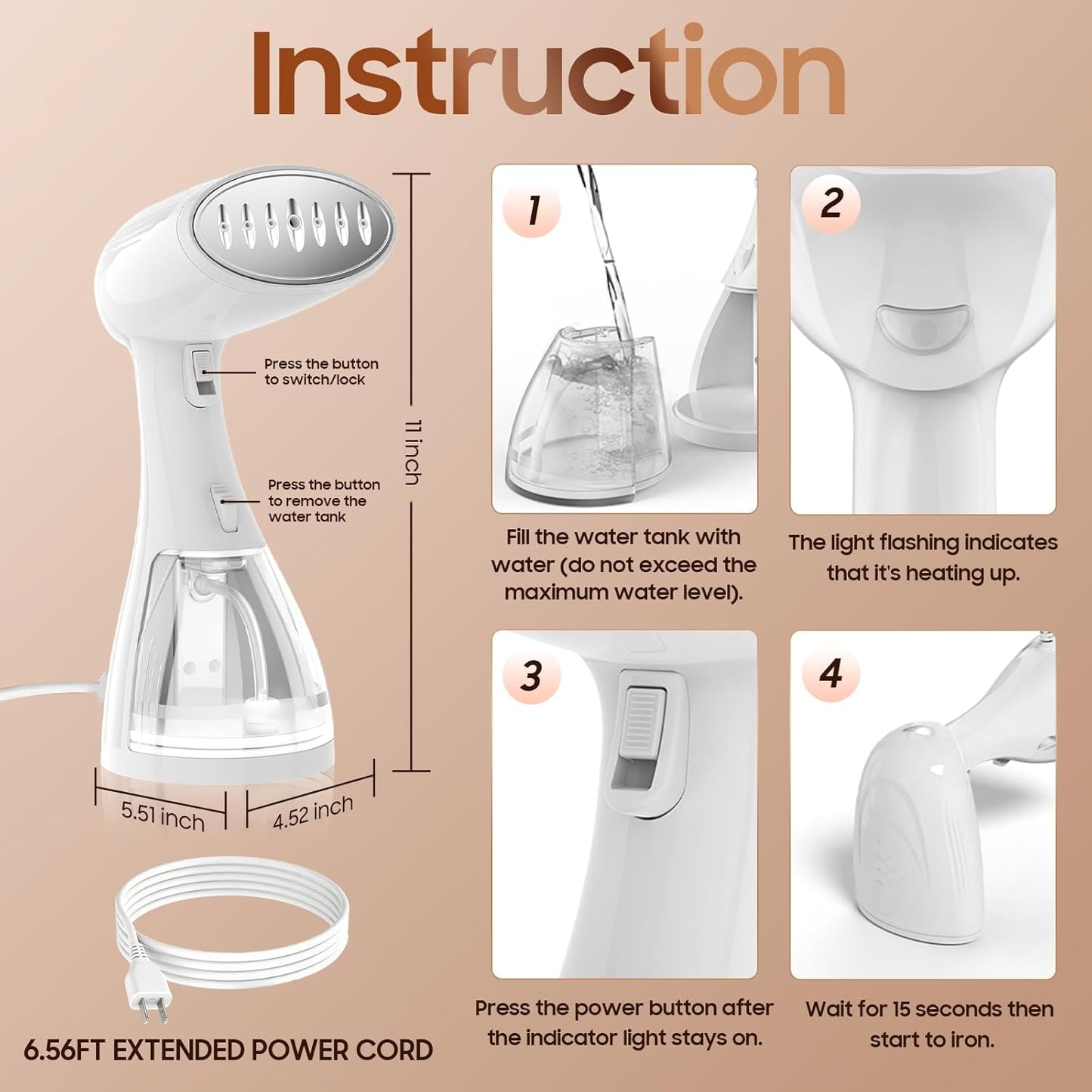 Skiennix Handheld Clothes Steamer - 1350W Portable Iron with Strong Steam for Home, Office, Travel