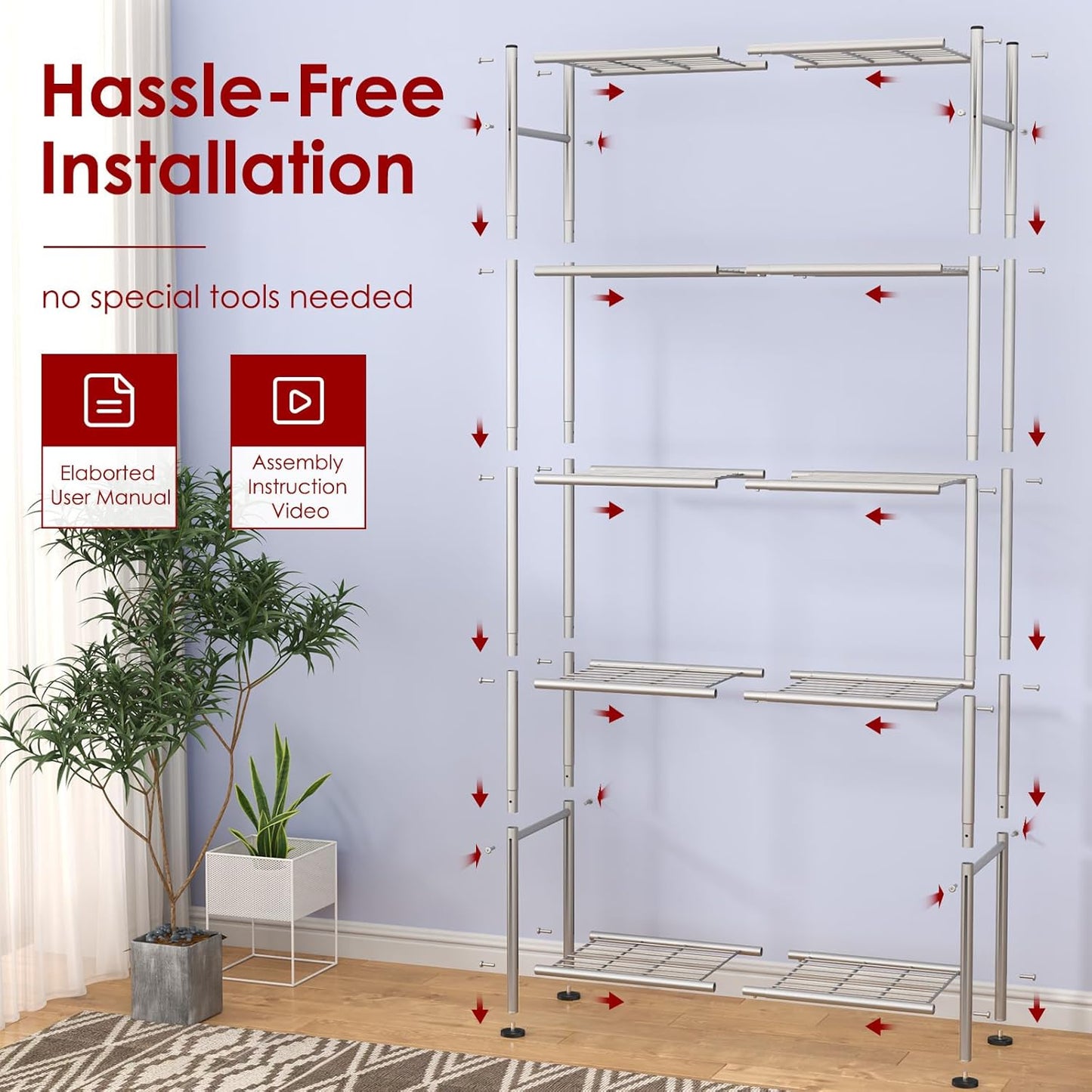 Sakugi Storage Shelves - Heavy Duty 5-Tier Shelf Organizer for Kitchen, Pantry & Garage | 33"W x 12.6"D x 72"H, Silver