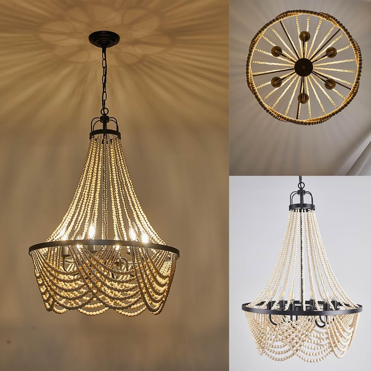 Farmhouse Boho Flush Mount Ceiling Light,3-Light Wood Bead Chandeliers,Black Metal Bohemia Hanging Pendant Lighting,Small Chandelier for Bedroom,Living Room,Entryway,Hallway