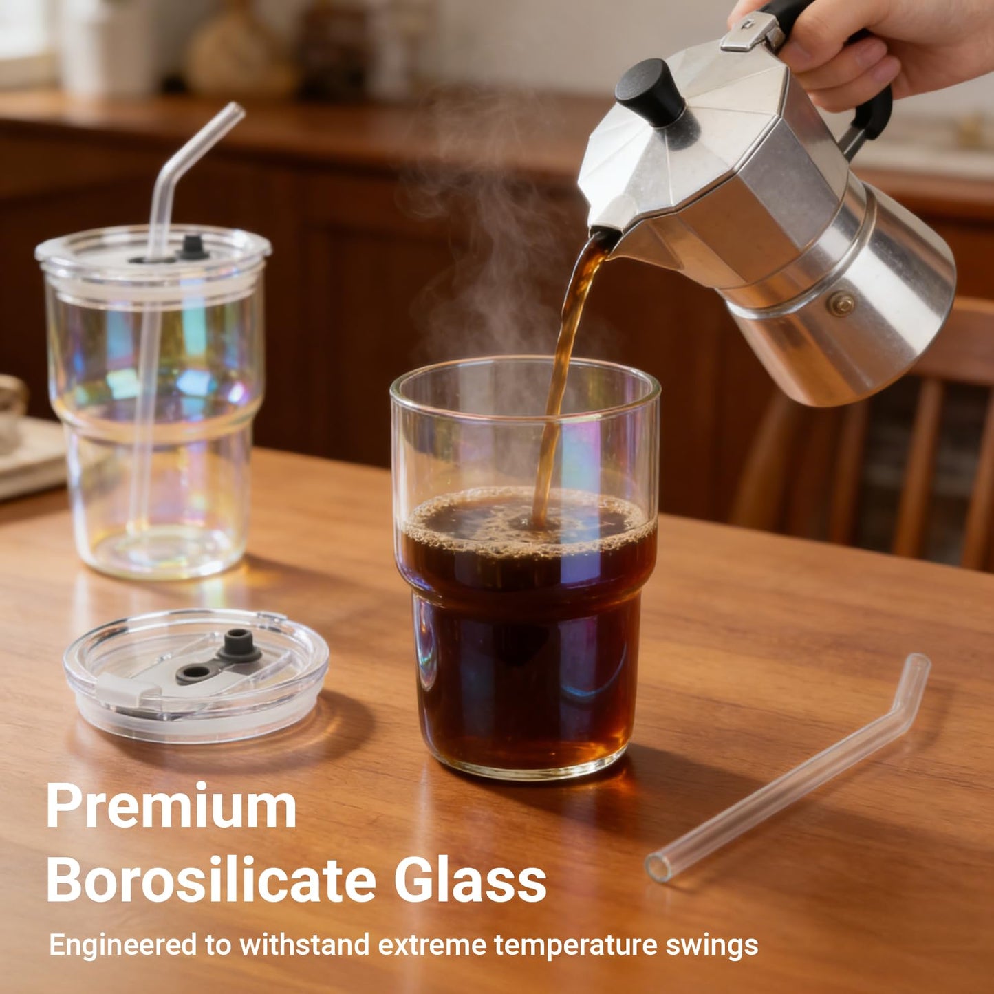 Luxfuel 16 oz Glass Tumbler with Lid & Straw, Reusable Iced Coffee Cup & Smoothie Cup, Leak-Proof Borosilicate Glass for Coffee, Iced Tea, Water – 1 Pack, Ideal for Office, Home & Travel, Amber