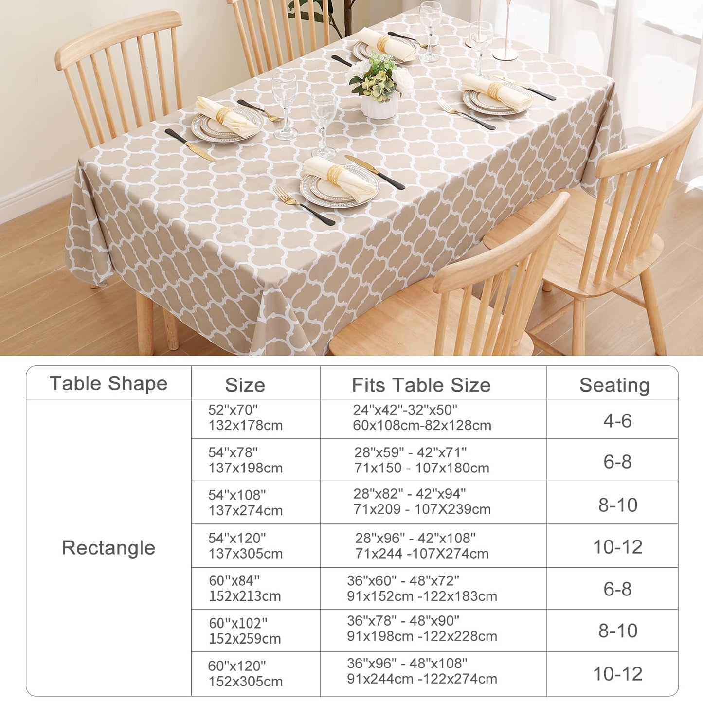Smiry Rectangle Table Cloth, Waterproof Vinyl Tablecloths with Flannel Backing for Rectangle Tables, Wipeable Spillproof Plastic Tablecloth for Dining, Camping, Indoor and Outdoor (60"x84", Khaki)