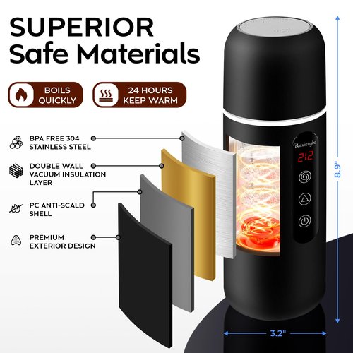 Electric Travel Kettle,12V/24V Car Coffee Warmer Kettle,Portable Hot Water Boiler,Small Hot Water Heater with Built-in Magnetic Induction Stirring
