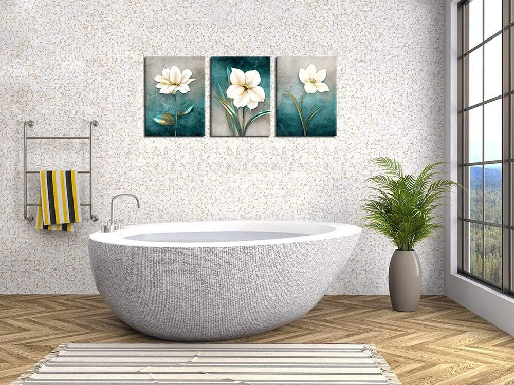 Flower Canvas Wall Art Cream White Floral Wall Decor Turquoise Tealish Grey Background Canvas Picture Modern Rustic Artwork Bathroom Bedroom Living Room Home Office Decoration 16" x 24" x 3 Pieces
