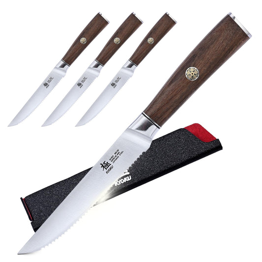 KYOKU Daimyo Series Serrated Steak Knife Set of 4 - Japanese 440C Stainless Steel 5 Inch Steak Knives - Rosewood Handles Mosaic Pins - with Sheaths & Case