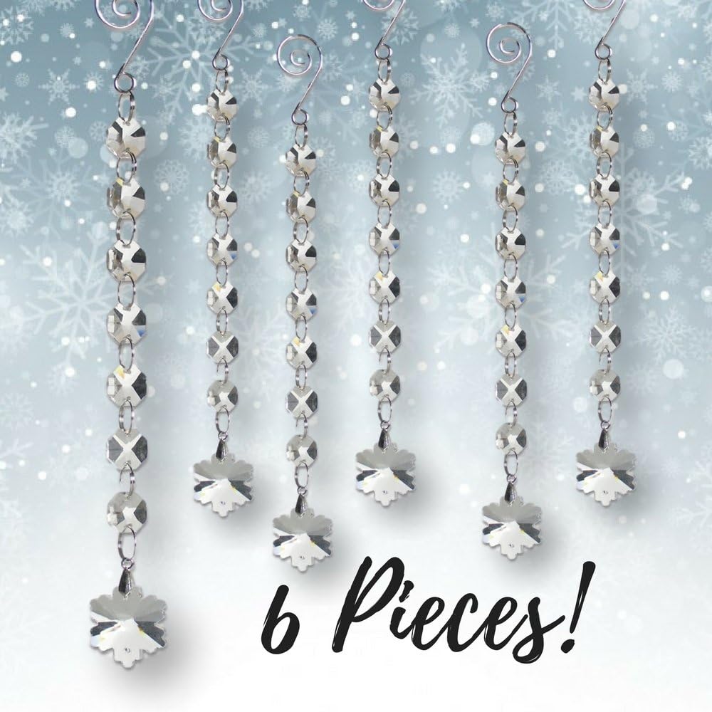 Set of 6 Christmas Snowflake Crystal Strands - 8.25" Long Hanging Decor for Weddings & Parties