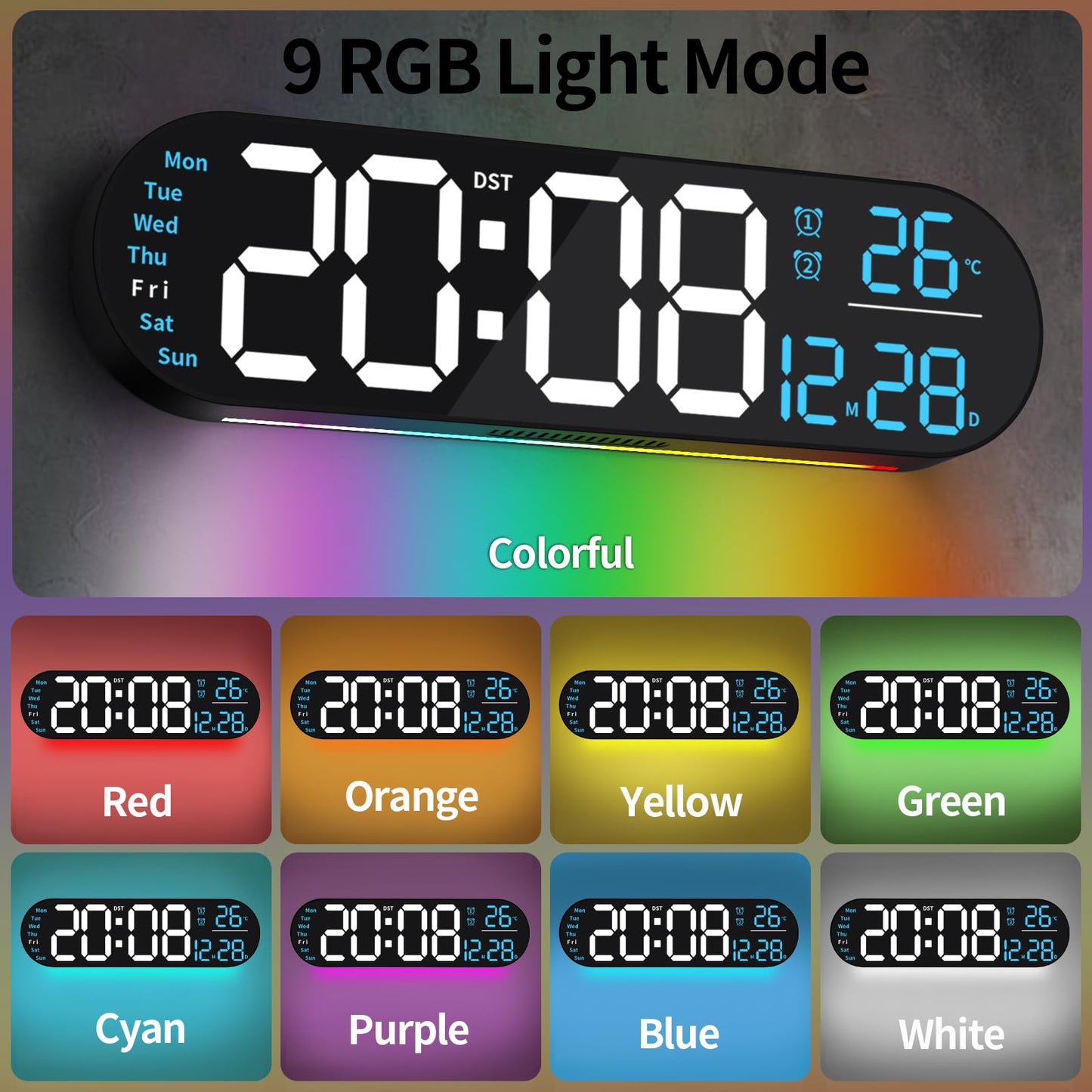 oviouit 14.3" Digital Wall Clock with Remote Control, Large Display, LED Clock for Living Room, Bedroom, Auto-Dimming, 9 Color Night Light, Auto DST, Date, Week, Temperature (Rounded Rectangle-Blue)