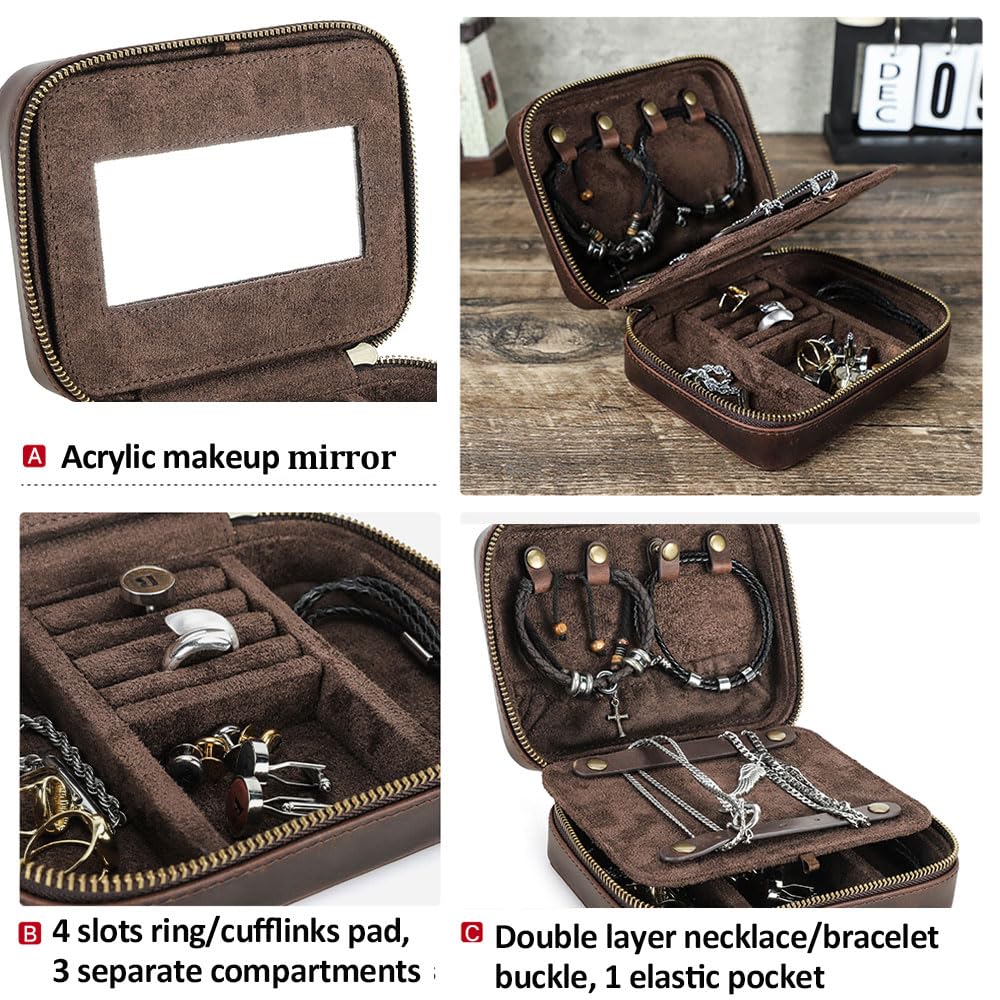 Contacts Genuine Leather Jewelry Box for Men Travel Jewelry Organizer Zipper Jewelry Cufflinks Ring Necklace Bracelet Storage Case with Mirror, Rectangular+mirror, Coffee