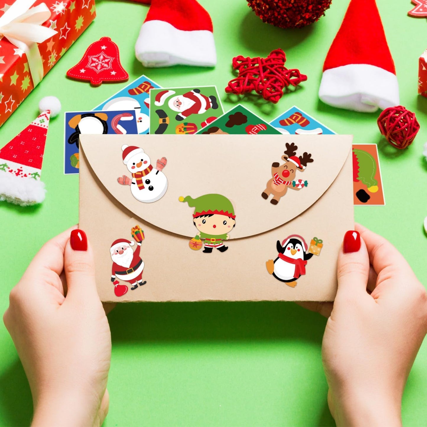 Haooryx Christmas DIY Sticker Roll - 300 Pcs Make Your Own Snowman Penguin Santa Claus Decorative Stickers Self Adhesive Waterproof Vinyl Water Bottle Laptop Phone Case Activity Christmas Party Favor