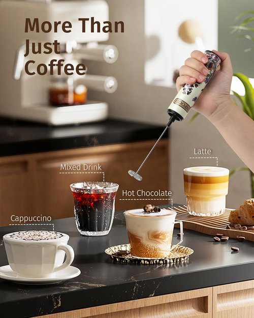 INFOOD Milk Frother - Rechargeable Coffee Frother Wand with 2 Detachable Stainless Whisks | Vintage Floral Design