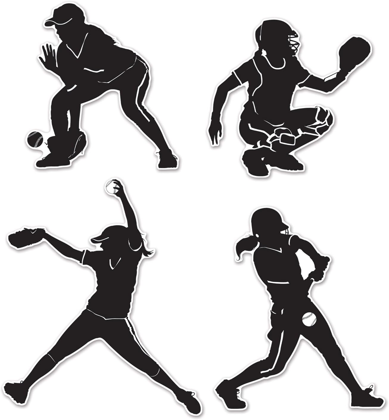 Softball Silhouettes Set - 8 Pieces, 9" to 12.5", Black & White Decor