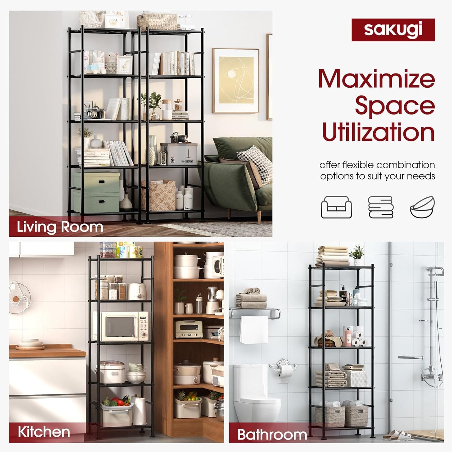Sakugi 5-Tier Storage Shelves - Heavy-Duty Metal Organizer for Garage, Pantry & Kitchen | 18.4" W x 12.6" D x 57.4" H, Black
