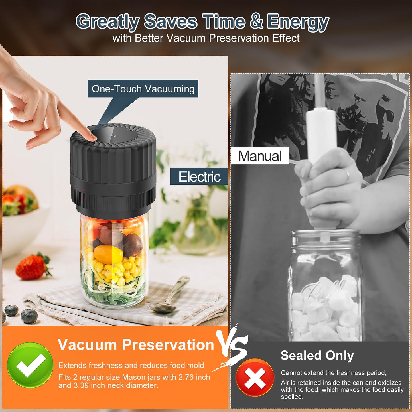 Electric Mason Jar Vacuum Sealer for Cannning&Food Storage,Led Display,All-in-One Mason Jars Vacuum Sealer Kit for Wide Mouth&Regular Mouth Jars,Cordless Vacuum Sealer for Kitchen Supplies-8 Jar Lids