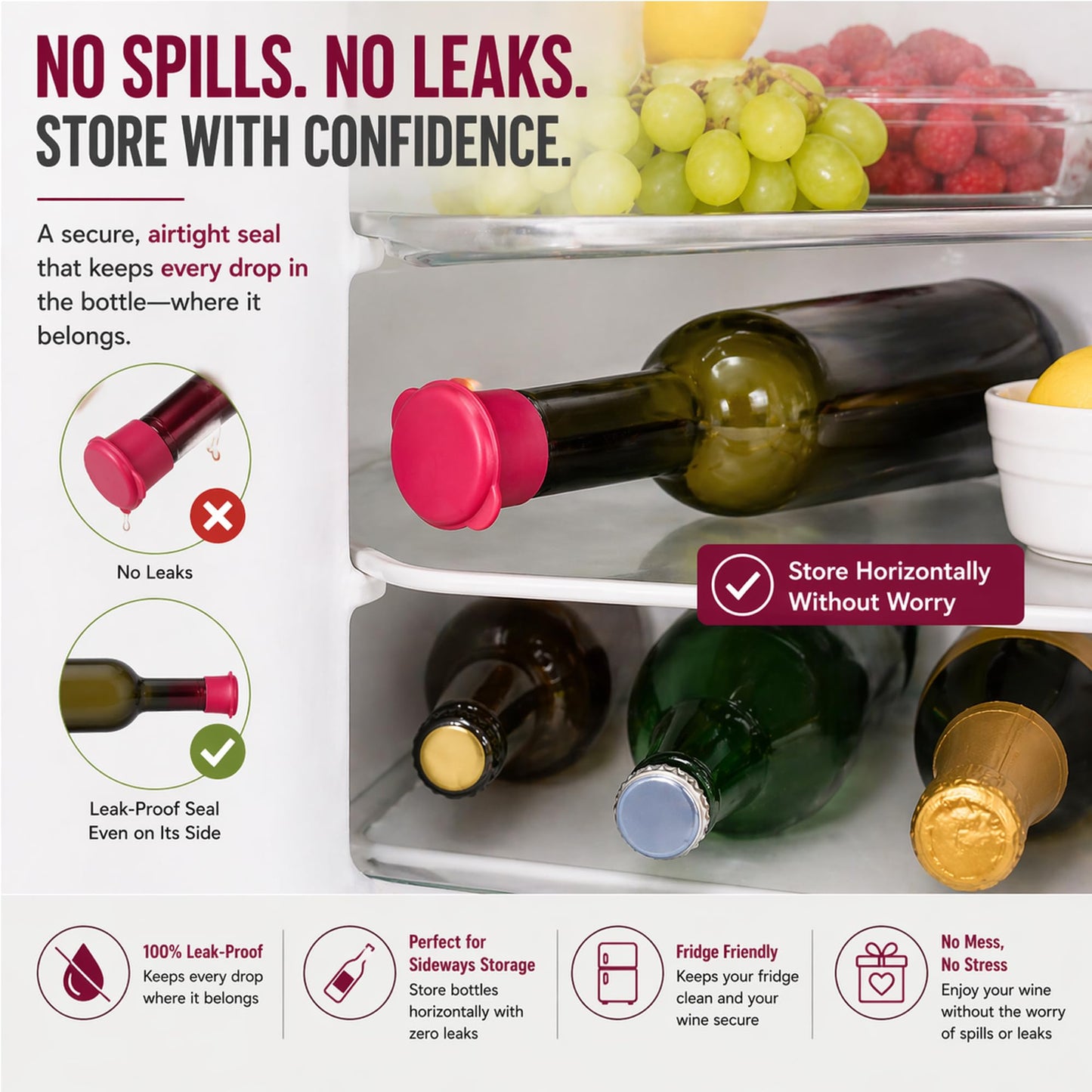 Wine Bottle Caps - Silicone Bottle Covers - Air-Tight Vacuum Seal - Wine Gifts for Women - Set of 4