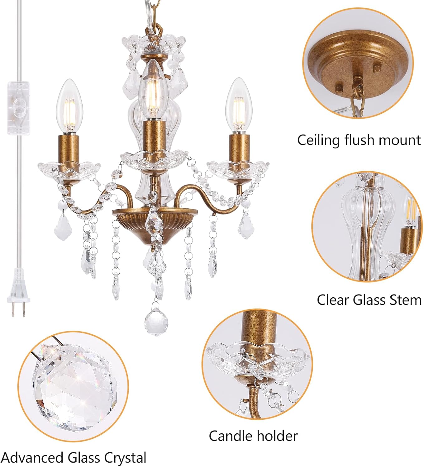 Plug in Modern 3-Light Gold Chandelier with Glass Crystals, Candle Style Pendant Light Fixtures for Living Room, Girls Room, Kitchen Island, Entryway