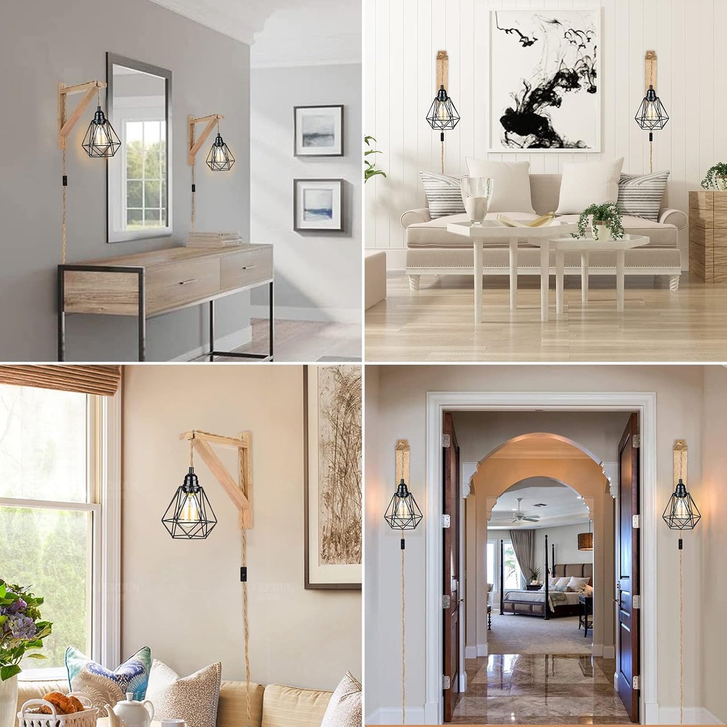 Frideko Wood Wall Sconces Set of Two Plug in, Rustic Wall Lamp with Plug in Cord, Farmhouse Wall Light Fixtures with 8.21FT On/Off Switch Cord, Indoor Sconces Wall Lighting for Bedroom Living Room