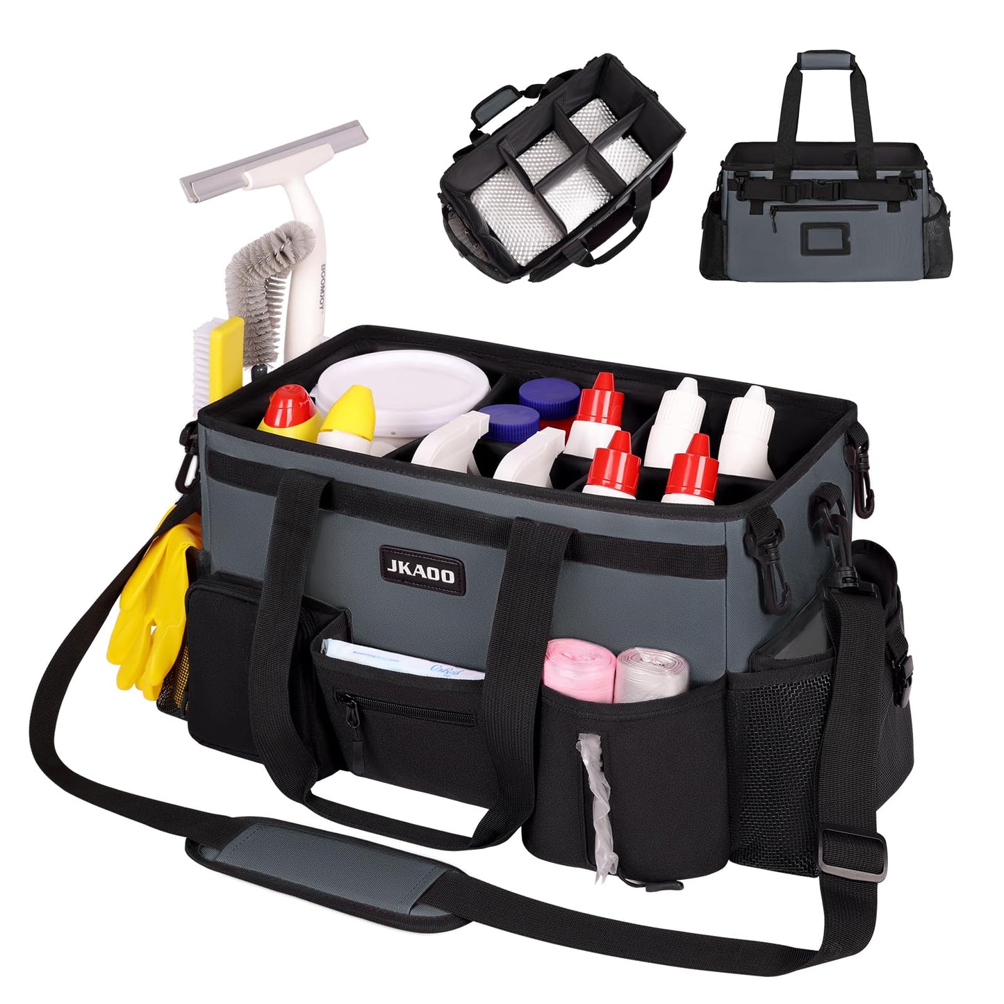 JKAOO Large Wearable Cleaning Caddy Bags,Cleaning Supplies Storage Bag with Handles and Adjustable Shoulder Strap and Removable Waist Straps,Waterproof Cleaning Bags for Home,Car,Office (Gray)