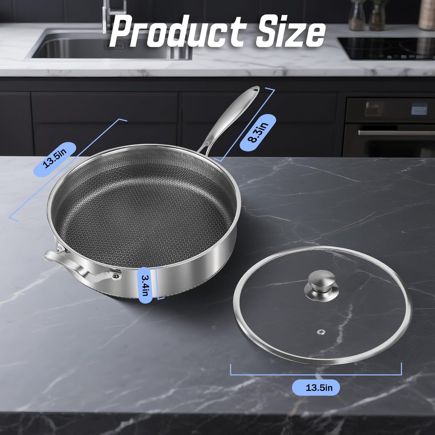 Toutrop Frying Pans Nonstick wih Lid, Non Stick Tri-Ply Stainless Steel Saute Pan, 8 Quarts Large Sauté Pan, 13.5 Inch Induction Cooking Pan, Dishwasher and Oven Safe, PFOA Free