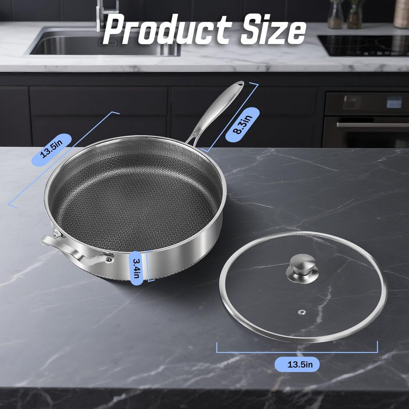 Toutrop Frying Pans Nonstick wih Lid, Non Stick Tri-Ply Stainless Steel Saute Pan, 8 Quarts Large Sauté Pan, 13.5 Inch Induction Cooking Pan, Dishwasher and Oven Safe, PFOA Free