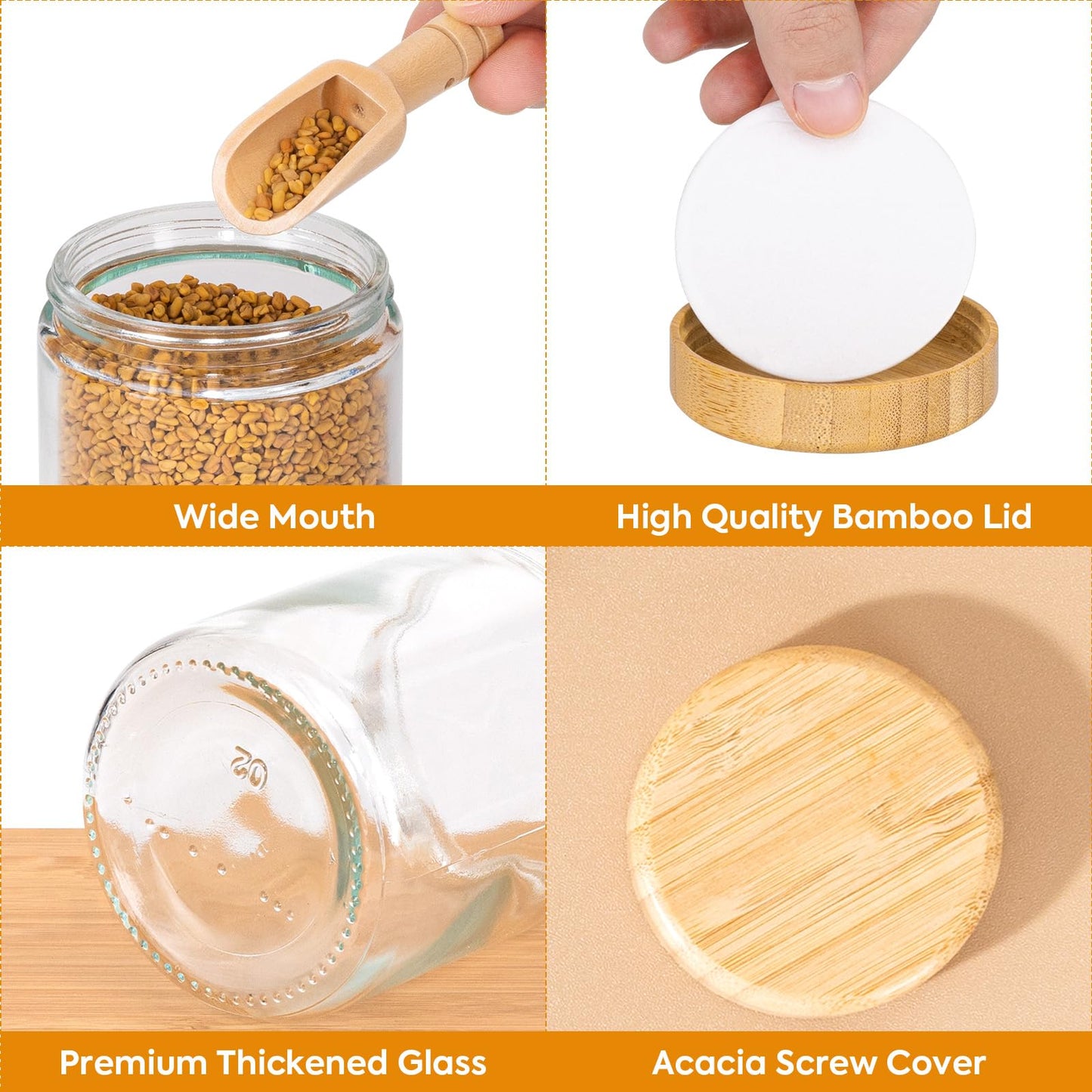 FavorFlavor 12-pack 10oz Glass Spice Jars with Labels, Spice Containers with 12 Wooden Spoons, Airtight Seasoning Containers with Bamboo Lids