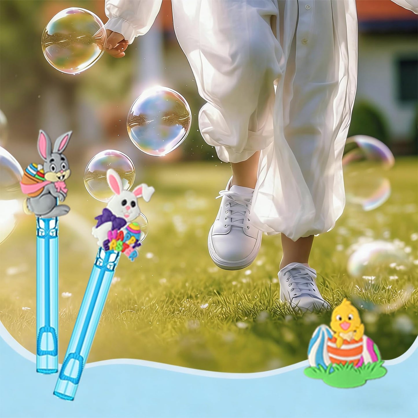 24 Pcs Easter Bubble Wands - Bunny, Chick & Easter Egg Themed Bubble Makers, Piñata Stuffers & Goodie Bag Fillers for Easter Party Favors, Egg Hunt Supplies & Spring Outdoor Activities