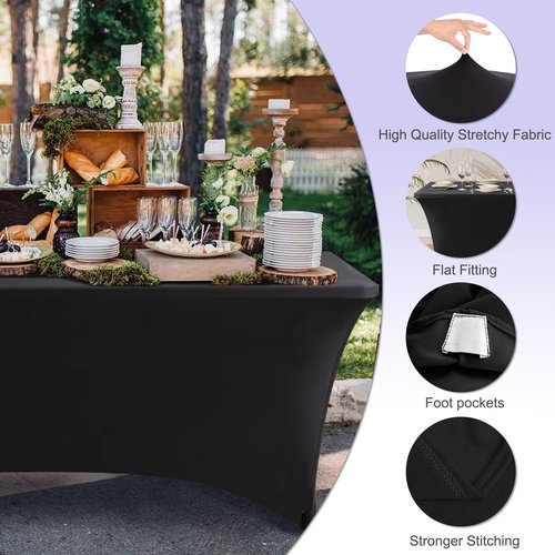 ABCCANOPY 2 Pack 6 FT Black Spandex Table Cover Stretch Fitted Wrinkle Resistant Tablecloth Reuse for Rectangular Folding Table Patry Event Wedding Banquet Protector