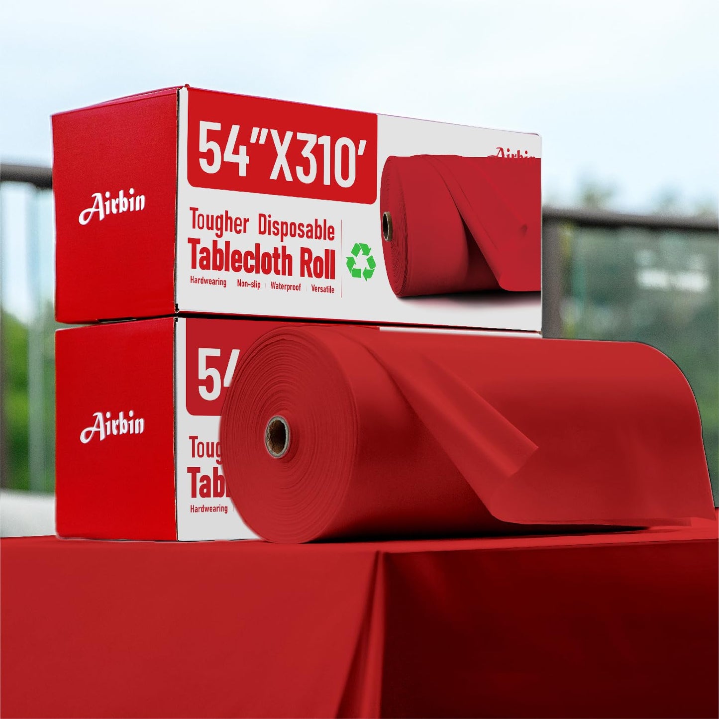 Airbin Plastic Table Cloth, 310 Ft X 54 in Disposable Tablecloth Red Tablecloth Premium PEVA Plastic Table Cloth Disposable with Any Cut Sliding Cutters for Picnics, Parties, Birthdays, Festivals